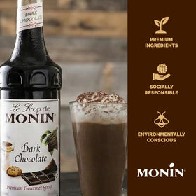 Monin Dark Chocolate Syrup drizzle over a dessert for depth