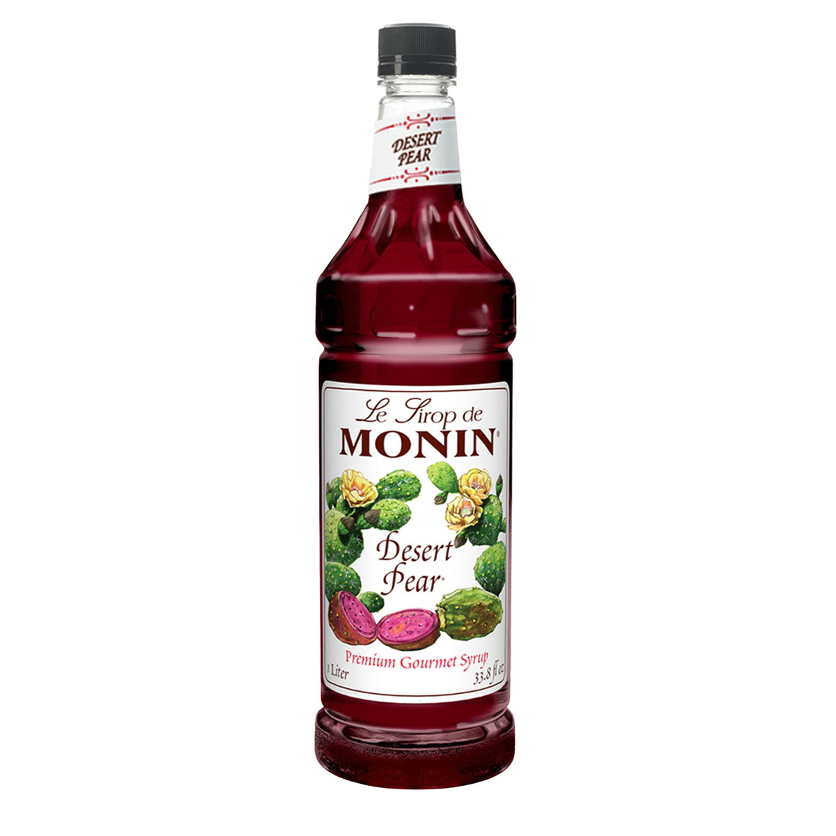 Monin Desert Pear Syrup bottle front view shows bold fuchsia color for drinks