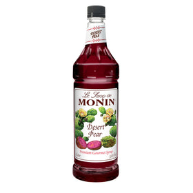 Monin Desert Pear Syrup bottle front view shows bold fuchsia color for drinks