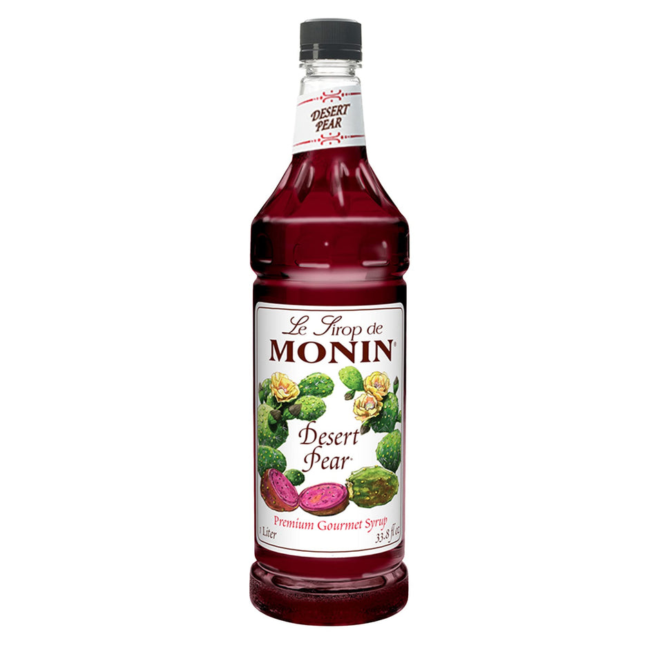 Monin Desert Pear Syrup bottle front view shows bold fuchsia color for drinks