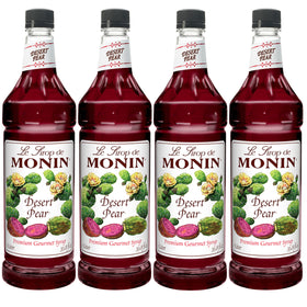 Monin Desert Pear Syrup bottle showcasing vibrant fuchsia color for refreshing iced teas