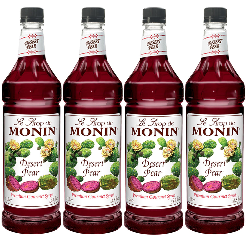 Monin Desert Pear Syrup bottle showcasing vibrant fuchsia color for refreshing iced teas