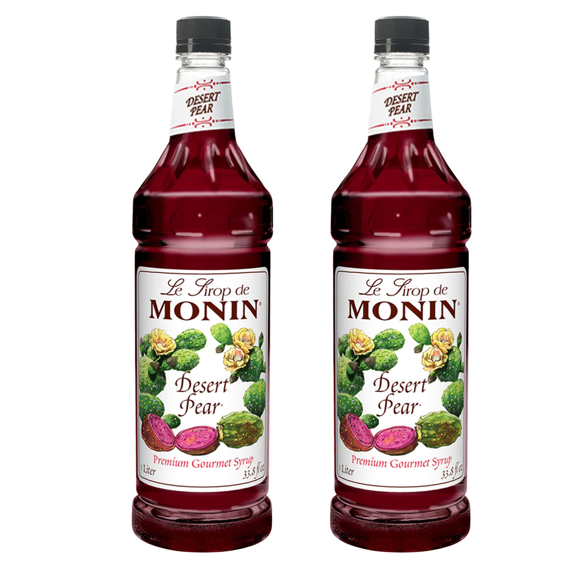 Monin Desert Pear Syrup bottle adds bold color and pear-earthy flavor to drinks.