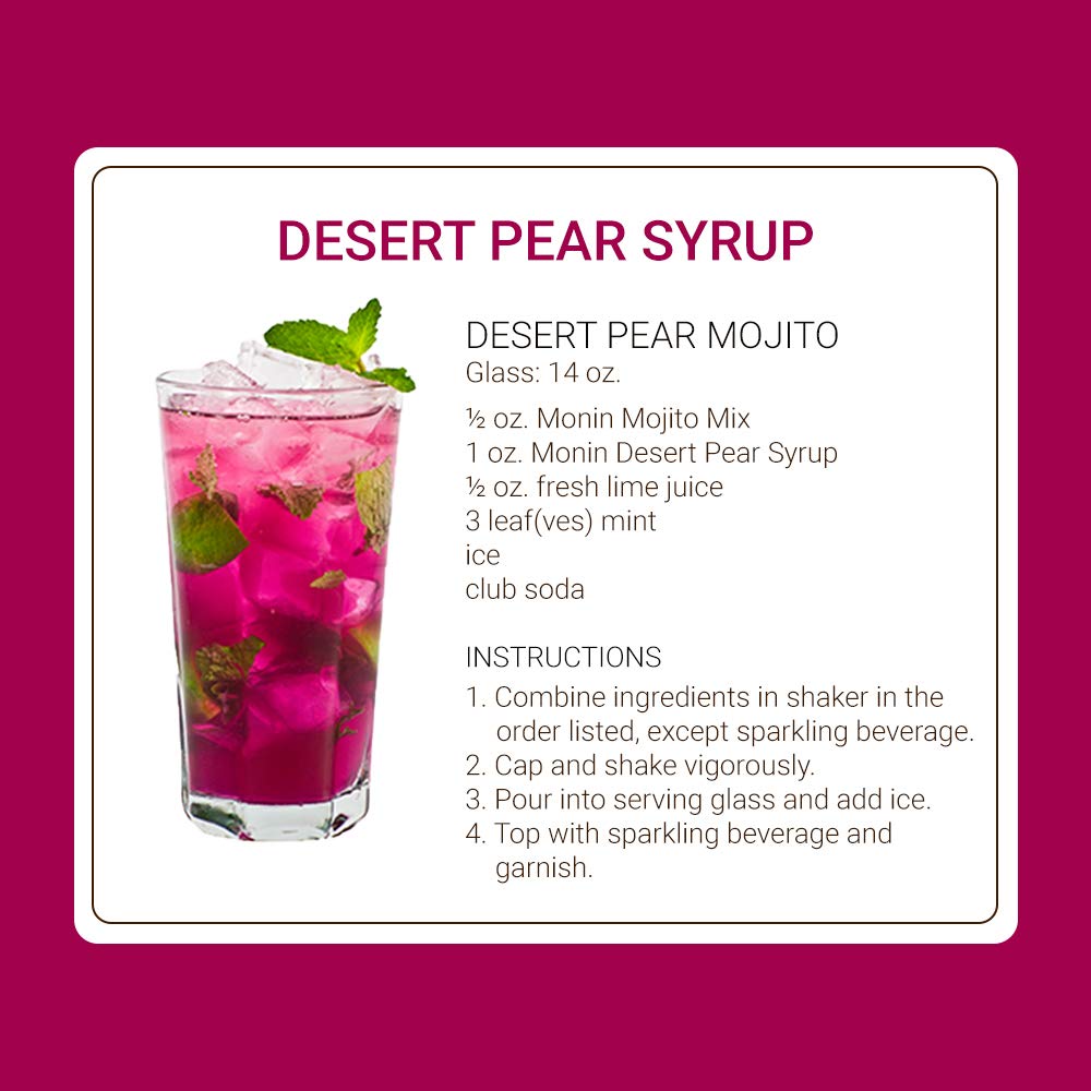Monin Desert Pear Syrup label highlights allergen-free and non-GMO credentials