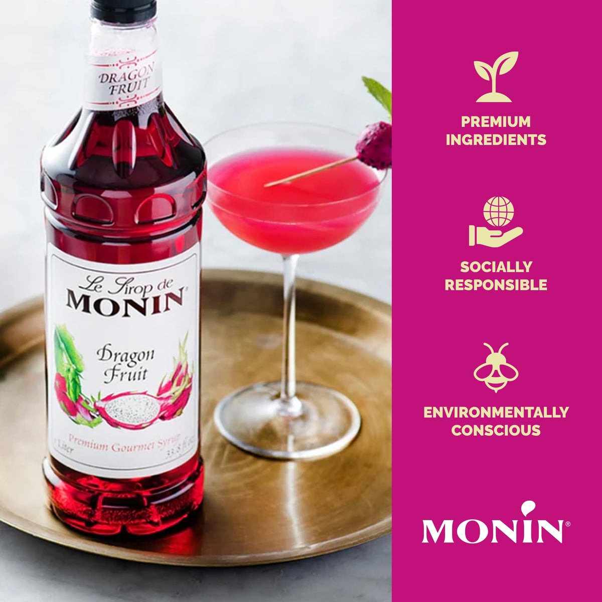 Colorful cocktail using Monin Dragon Fruit Syrup.