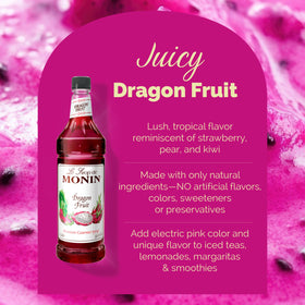 Close-up of Monin Dragon Fruit Syrup label with branding.