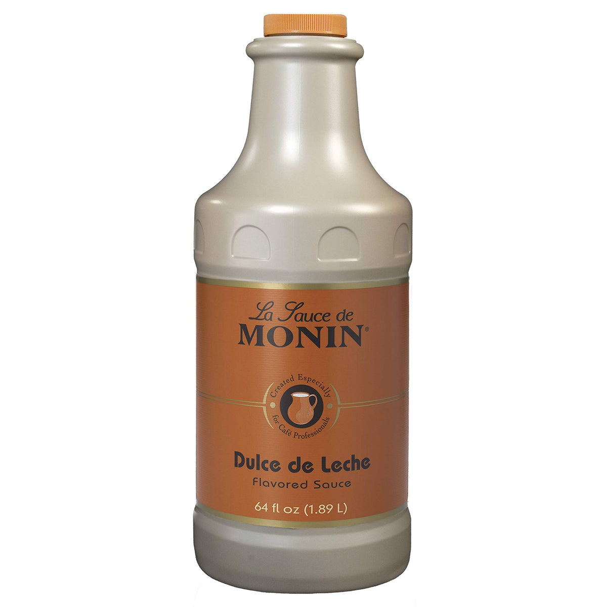 Monin Dulce de Leche sauce bottle pouring over dessert for rich caramel flavor