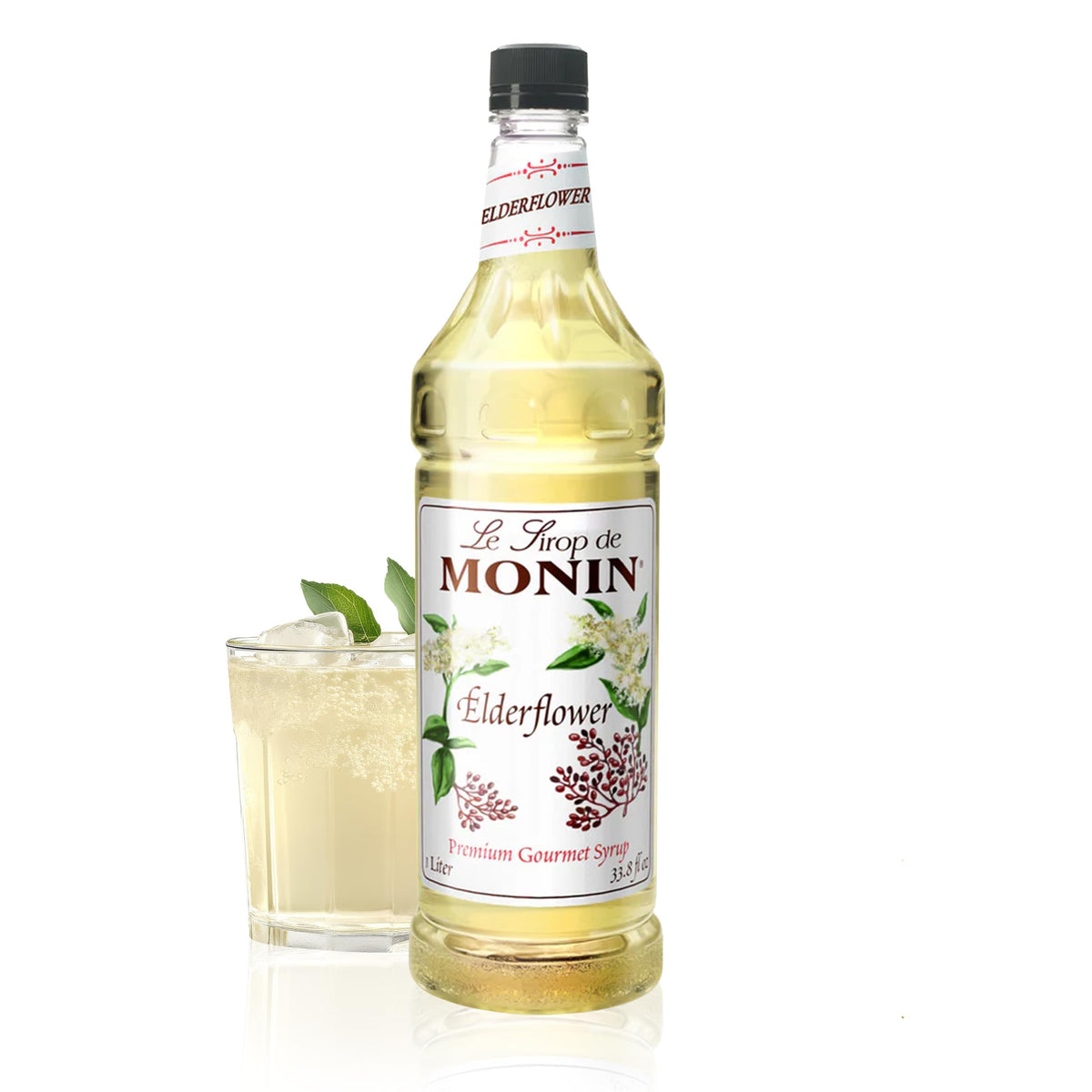 Monin Elderflower syrup bottle enhances cocktails with delicate aroma.
