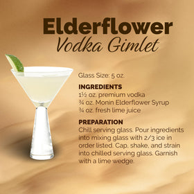 Monin Elderflower packaging green label indicates allergen-free and non-GMO.