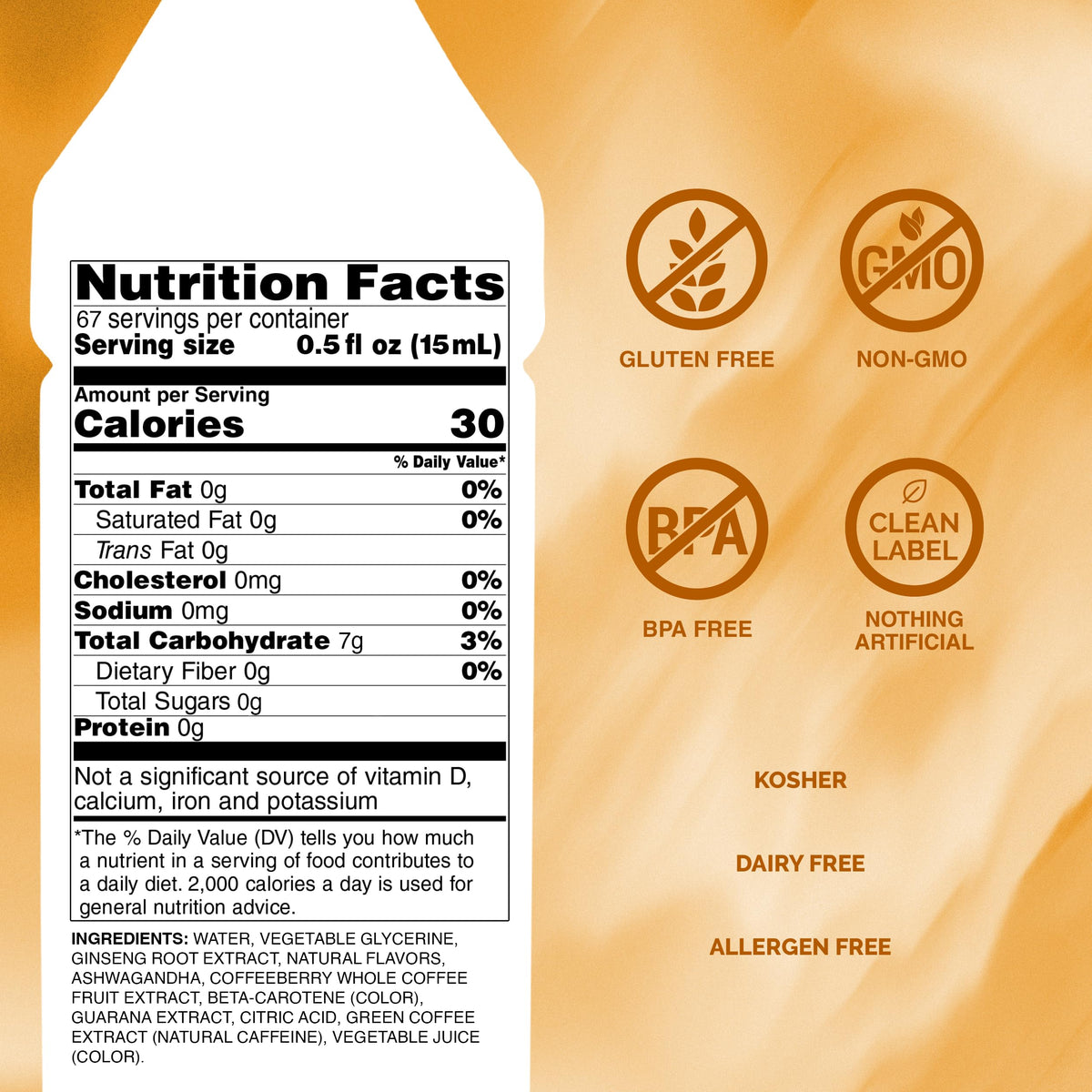 Monin Energy Boost label close-up shows zero added sugar and low calorie profile.