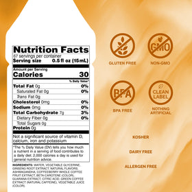 Monin Energy Boost label close-up shows zero added sugar and low calorie profile.