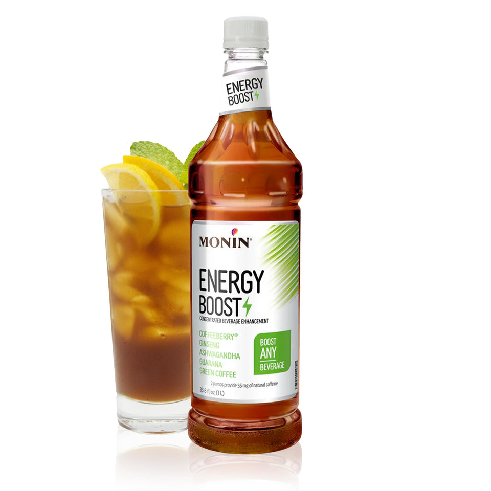 Monin Energy Boost bottle pour adds subtle caffeine lift to coffee.
