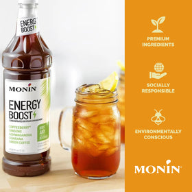 Monin Energy Boost glass splash demonstrates versatility in tea and sparkling water.