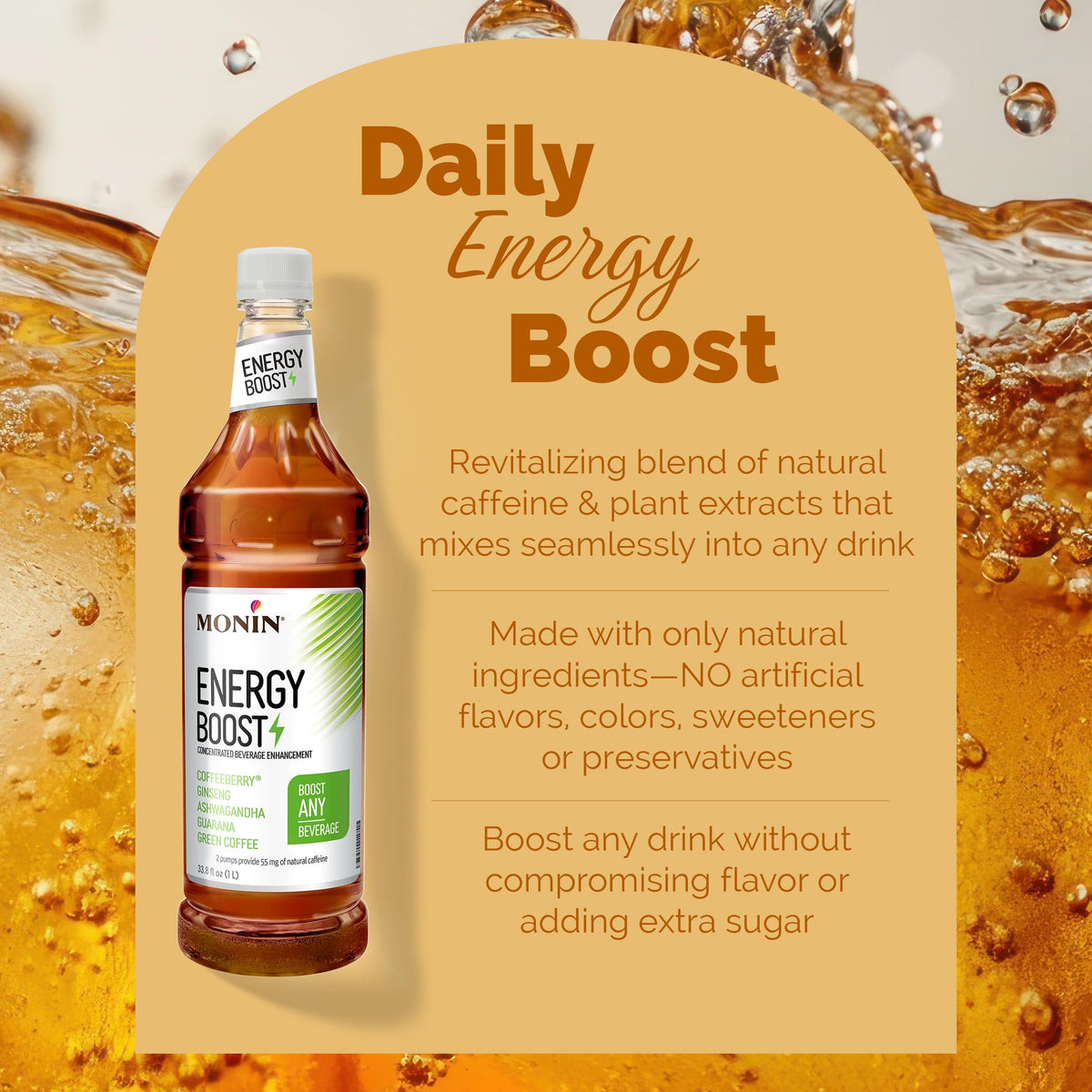 Monin Energy Boost ingredients shot highlights ginseng and guarana for natural energy.