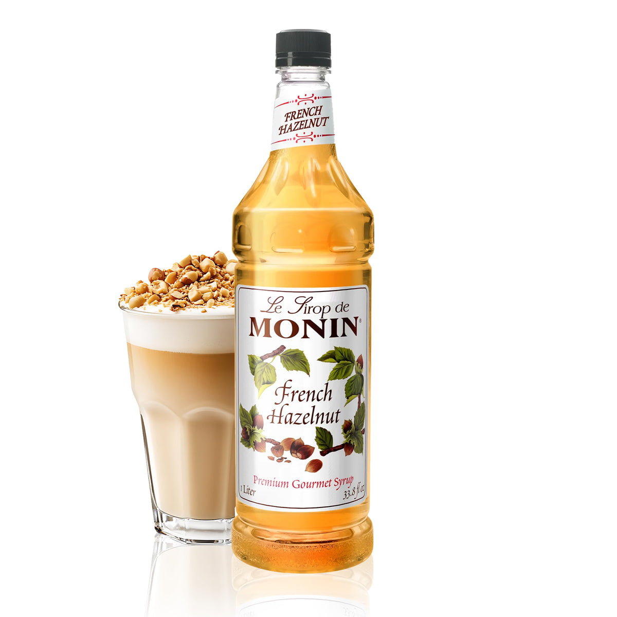 Monin French Hazelnut Syrup bottle label close-up, ideal for coffee flavoring