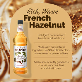 Monin French Hazelnut Syrup bottle beside latte, highlighting nutty aroma