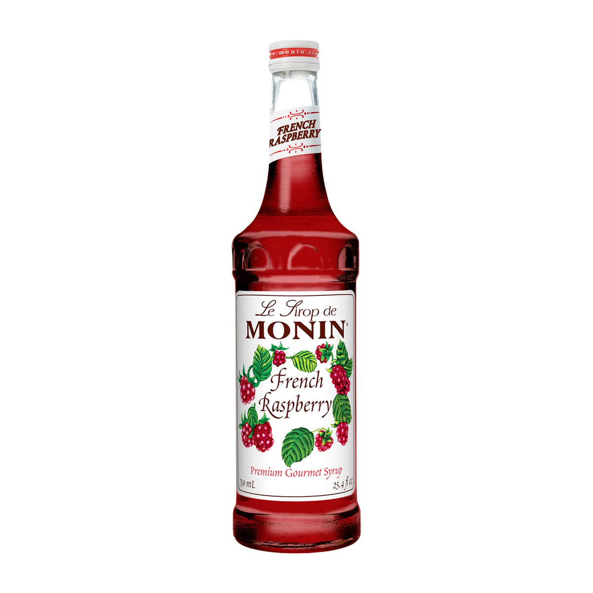 Monin French Raspberry Syrup bottle enhances drinks with bold berry flavor.