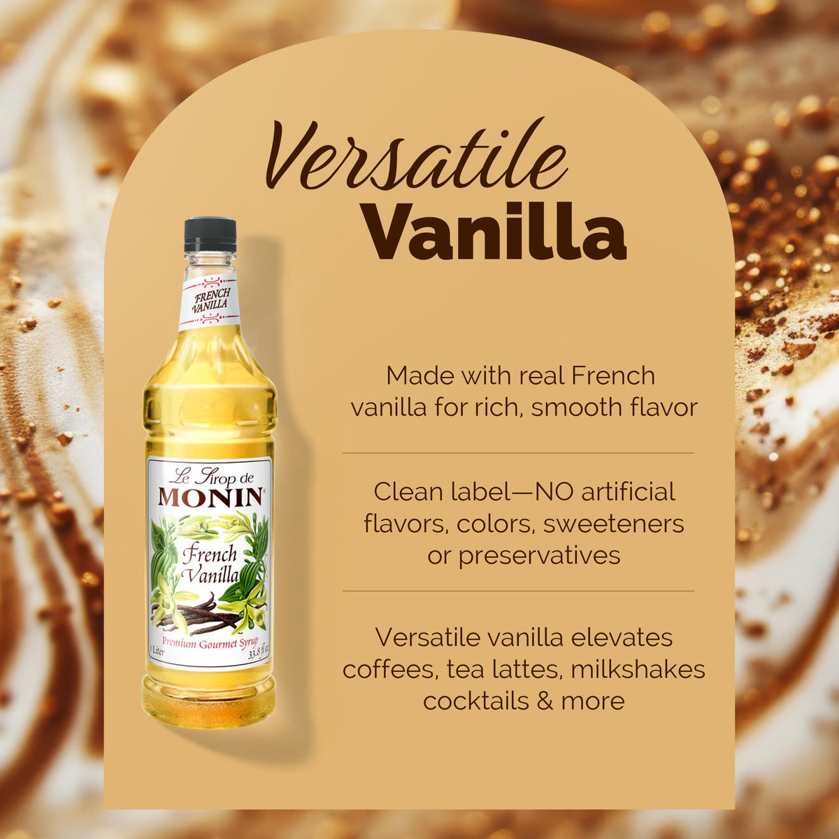 Monin French Vanilla syrup bottle front highlighting versatile flavor.