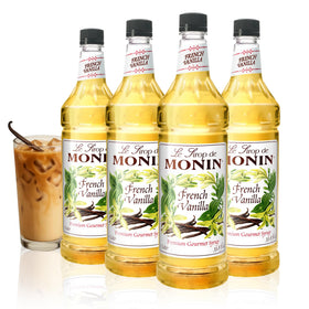 Monin French Vanilla syrup bottle pour, ideal for creamy iced lattes.