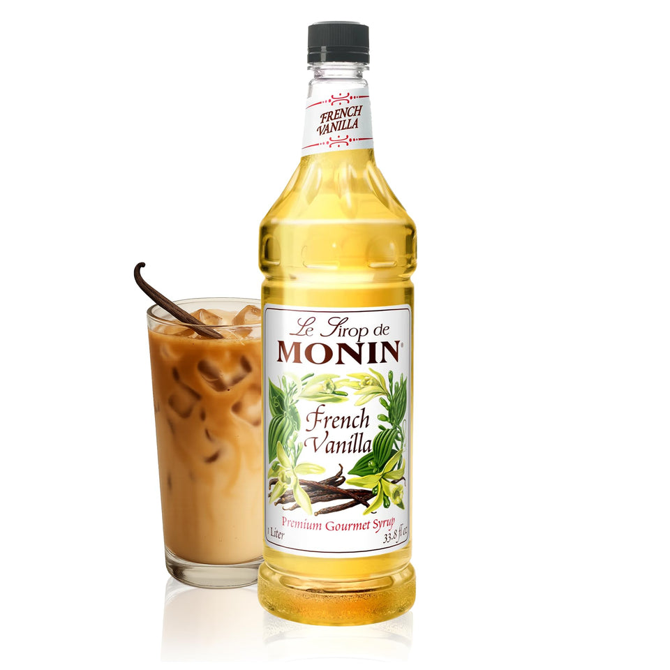 Monin French Vanilla Syrup bottle shown for versatile coffees and more.