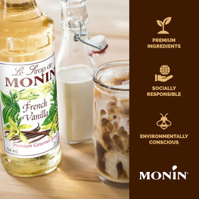 Monin French Vanilla syrup box packaging with BPA-free pump.