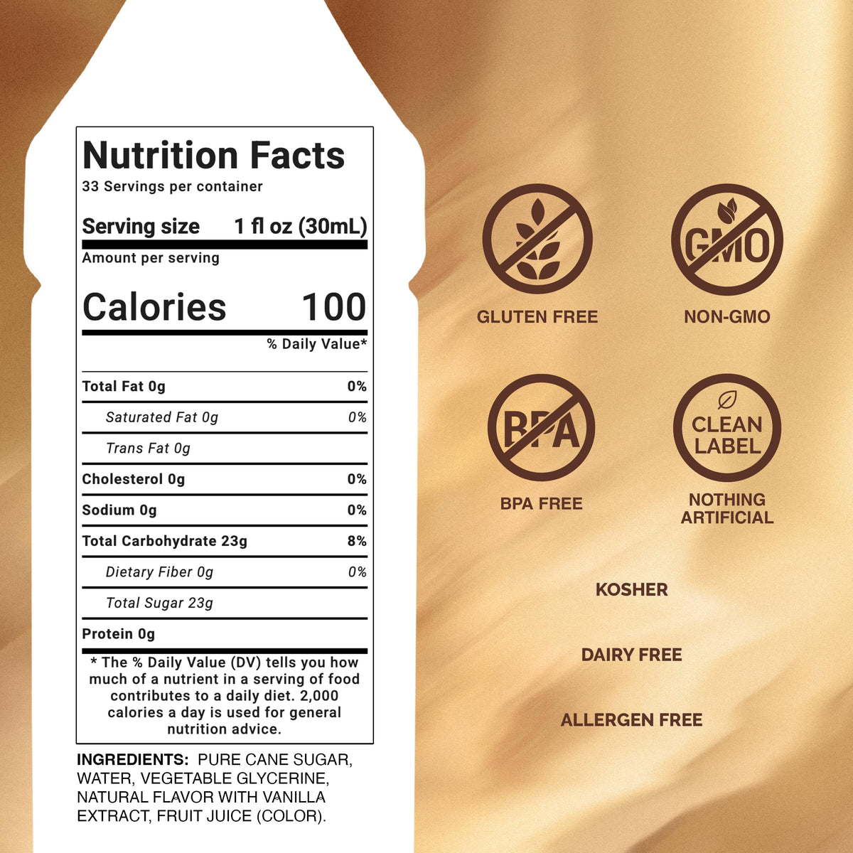 Monin French Vanilla Syrup boxed label shows allergen-free and non-GMO features.