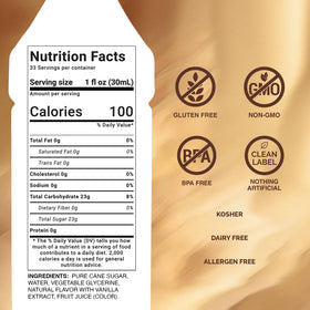 Monin French Vanilla Syrup boxed label shows allergen-free and non-GMO features.