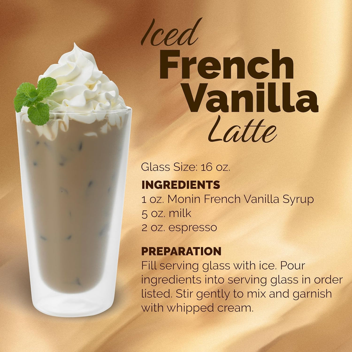 Monin French Vanilla Syrup bottle with recyclable packaging and care.