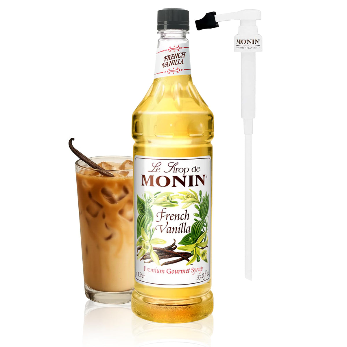 Monin French Vanilla Syrup bottle with pump for versatile coffees.