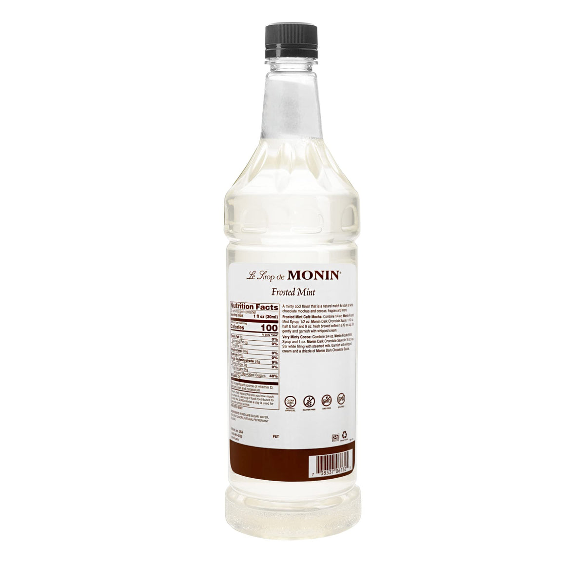 Monin Frosted Mint Syrup pour highlights crisp spearmint aroma enhancing cocktails