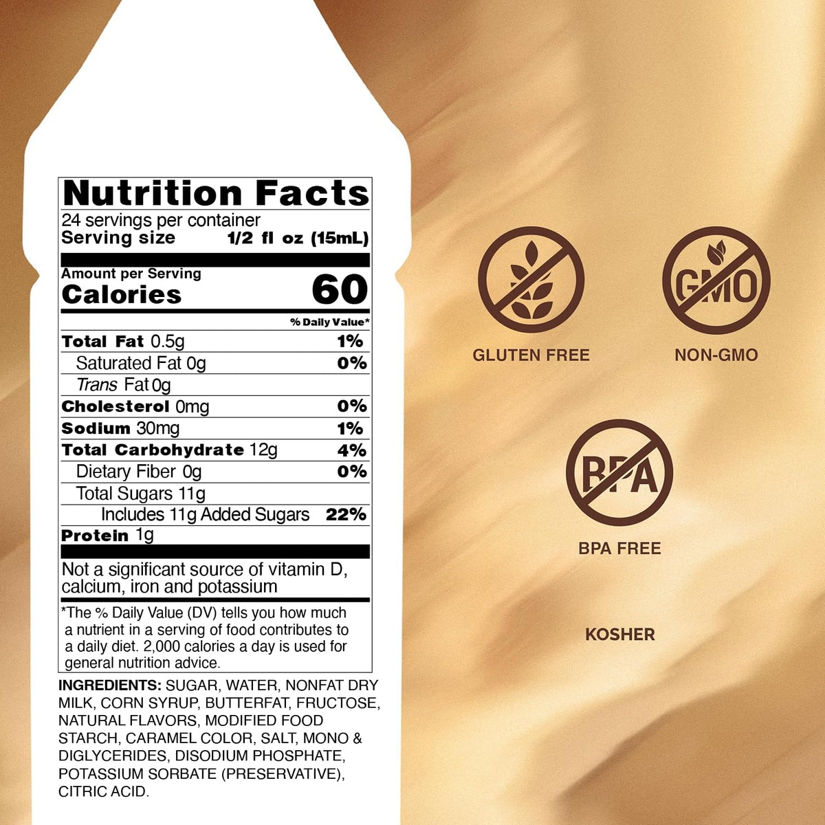 Monin Gourmet Caramel Sauce drizzle on coffee to enhance flavor.