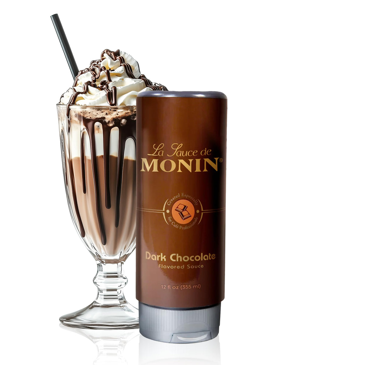 Monin Dark Chocolate Sauce pour adds silky drizzle to desserts and beverages.
