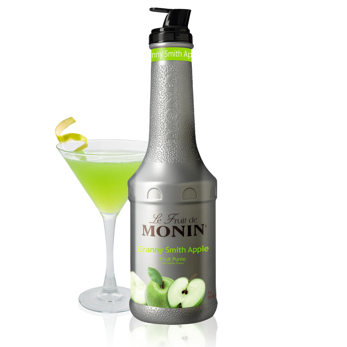 Monin Granny Smith Apple Purée bottle pour enhances cocktails with tart apple notes.