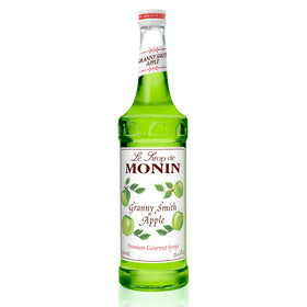Monin Granny Smith Apple Syrup bottle shows tart green flavor for cocktails.