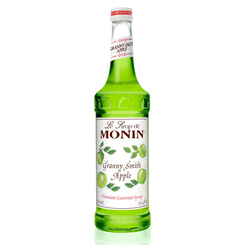 Monin Granny Smith Apple Syrup bottle shows tart green flavor for cocktails.