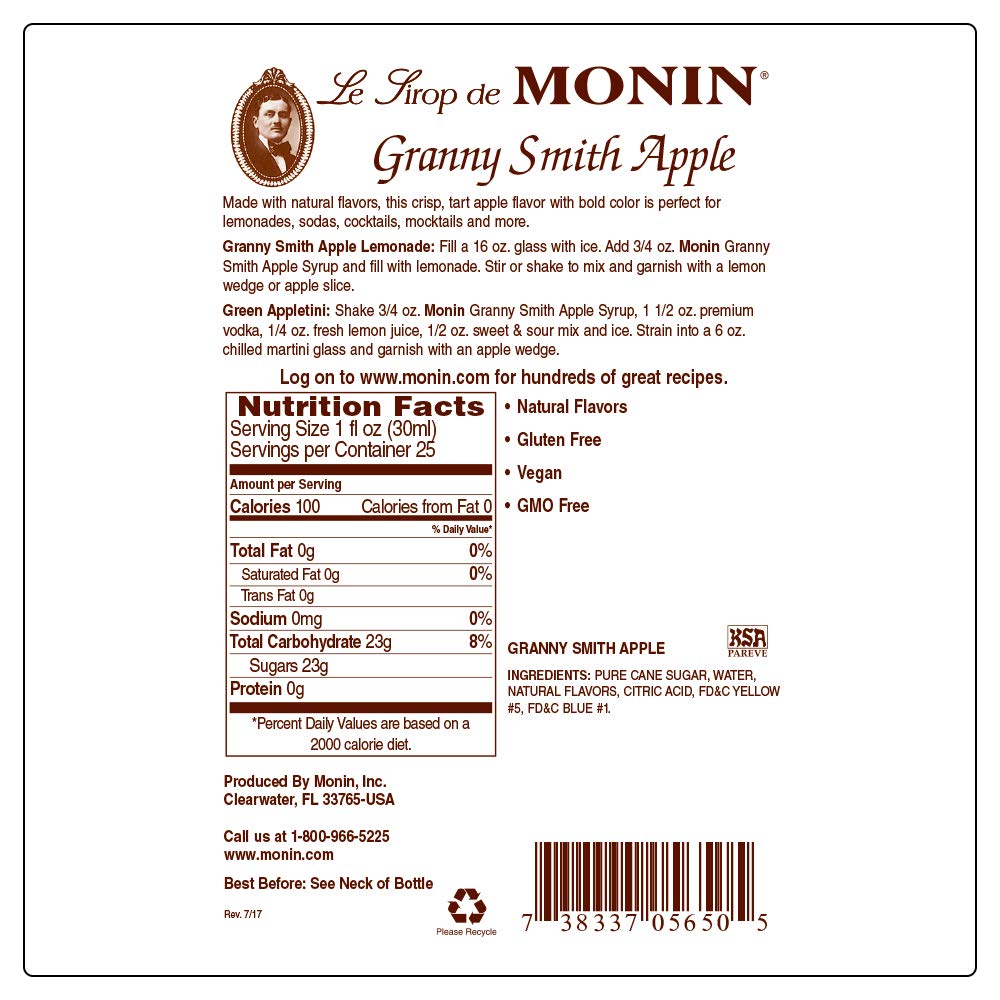 Monin Granny Smith Apple Syrup bottle with green packaging reinforces sustainability.