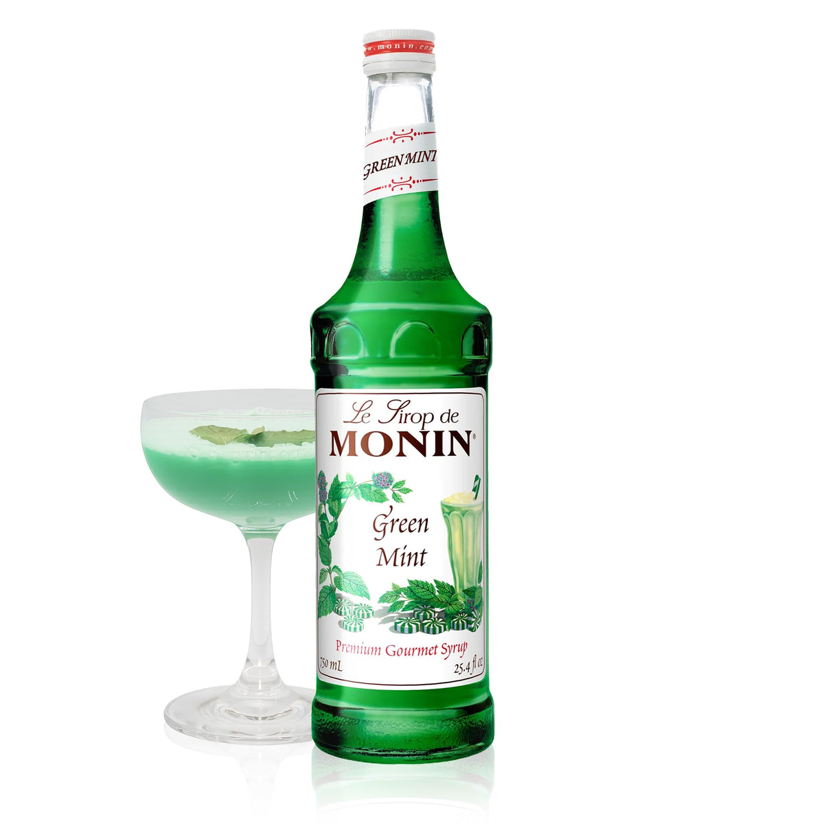 Monin Green Mint Syrup bottle front, vibrant green color for refreshing beverages.