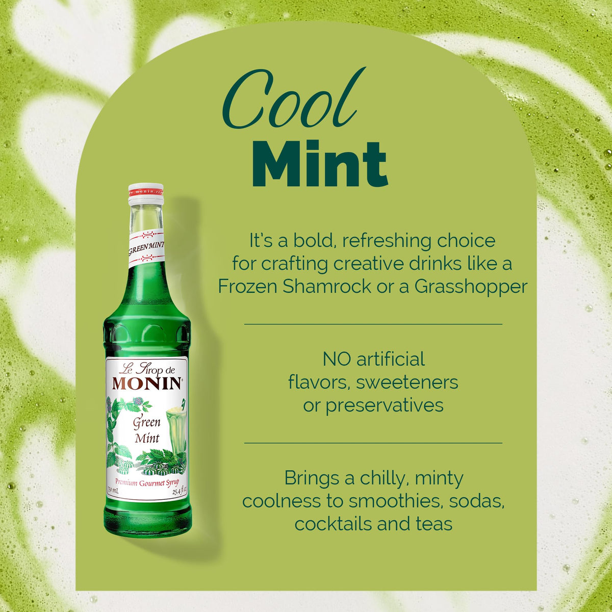 Monin Green Mint Syrup label close-up highlighting allergen-free and gluten-free qualities.