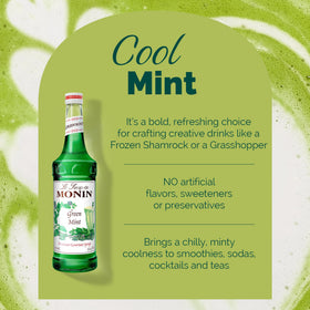 Monin Green Mint Syrup label close-up highlighting allergen-free and gluten-free qualities.