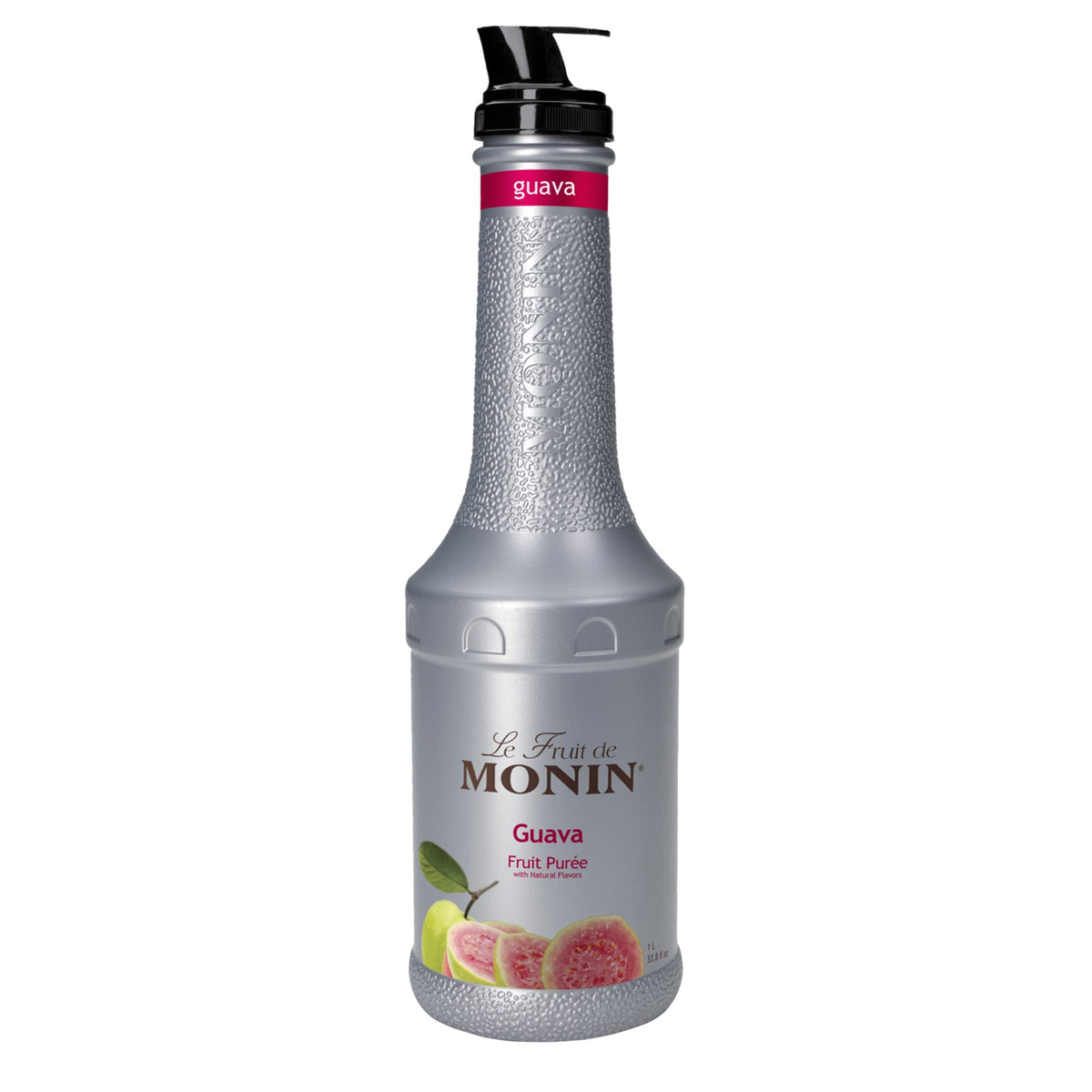 Monin Guava Purée bottle close-up, tropical flavor ready for cocktails and teas.