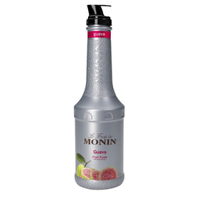 Monin Guava Purée bottle close-up, tropical flavor ready for cocktails and teas.