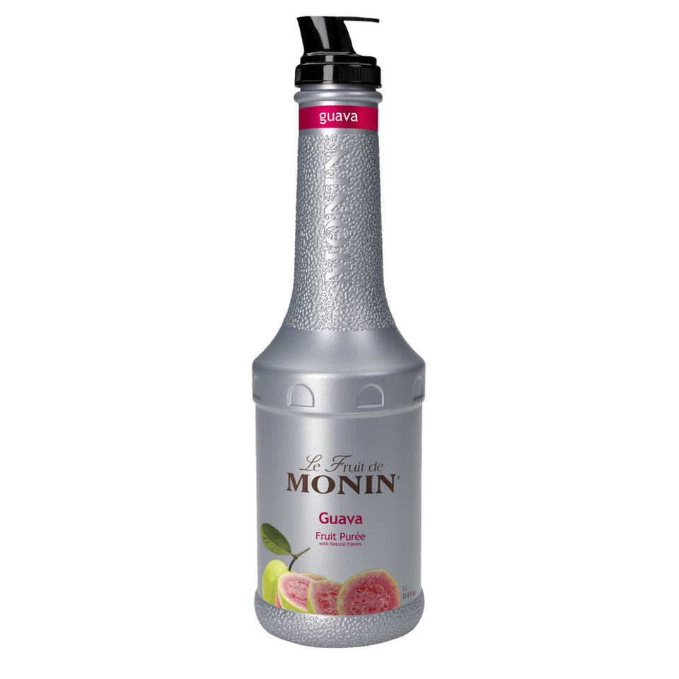 Monin Guava Purée bottle close-up, tropical flavor ready for cocktails and teas.