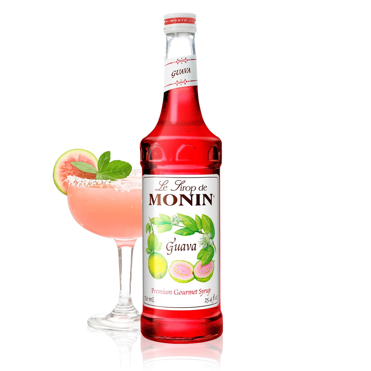 Monin Guava Syrup bottle front view, premium clean-label packaging for tropical drinks