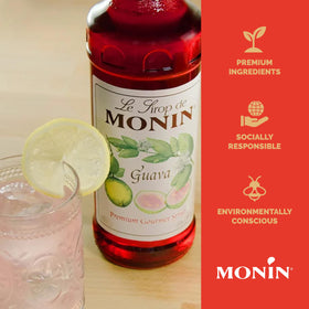 Monin Guava Syrup packaging, BPA-free bottle and recyclable box