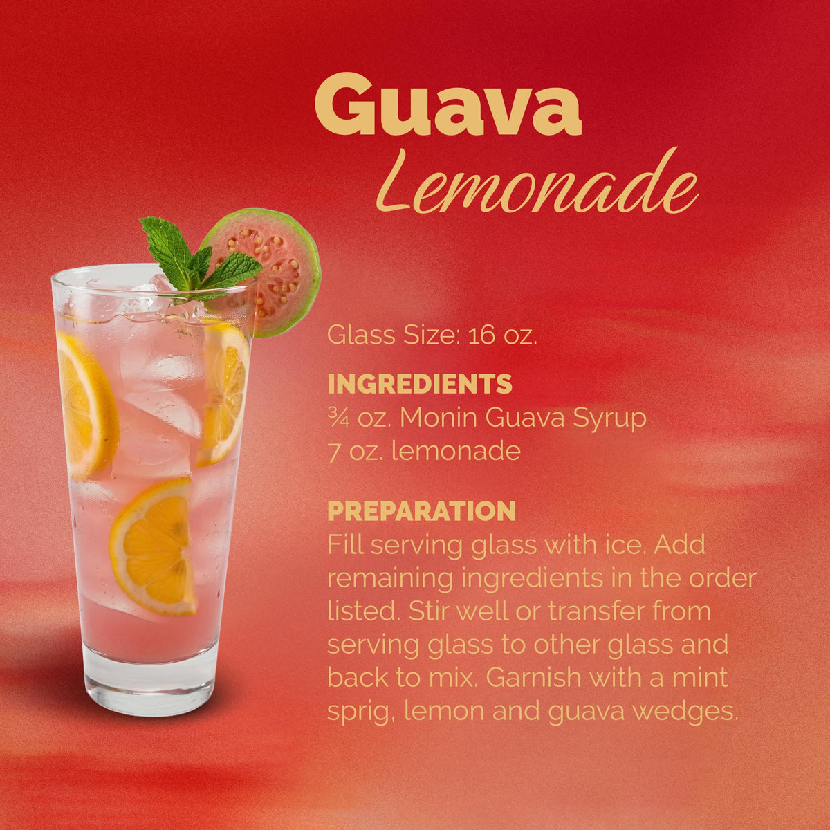 Glass of tropical drink colored with Monin Guava Syrup for bright flavor
