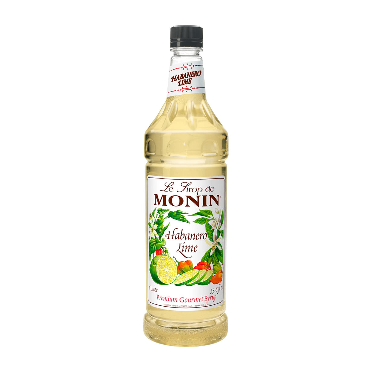Monin Habanero Lime Syrup bottle pour, adds bold heat to cocktails.