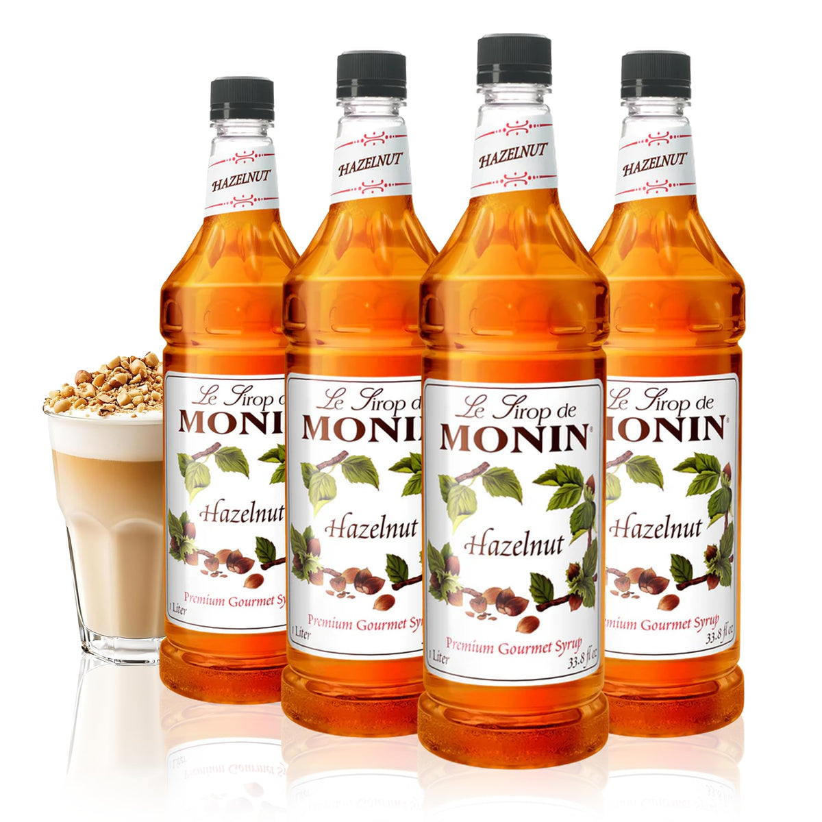 Monin Hazelnut Syrup bottle showcases caramelized hazelnut flavor for coffee