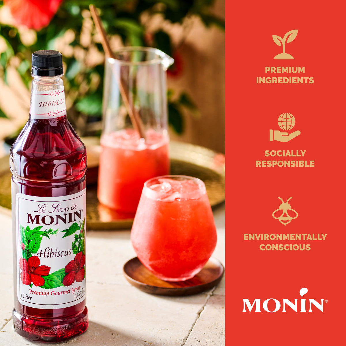 Close-up of Monin Hibiscus Syrup label highlighting gluten-free and non-GMO info.
