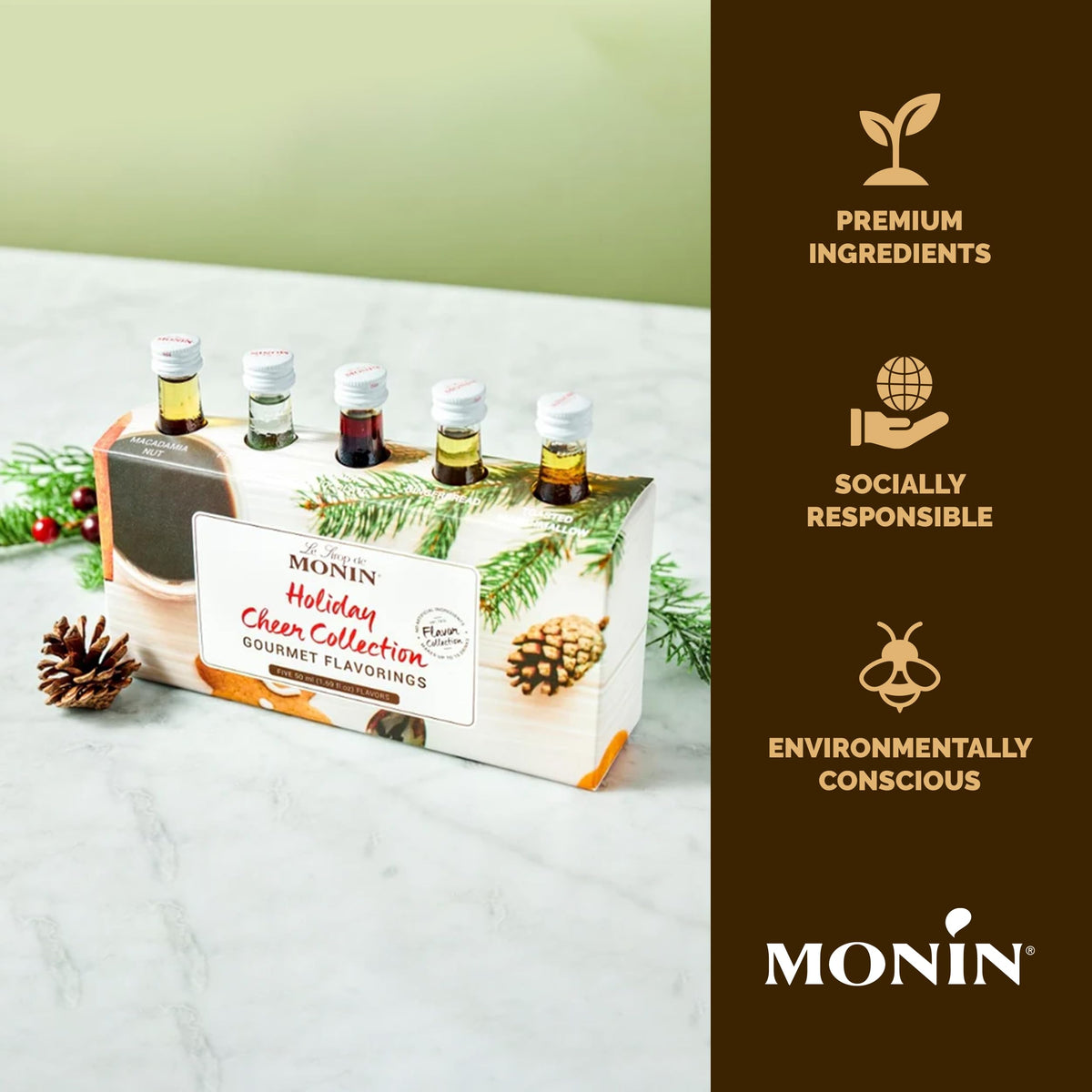 Monin Holiday Cheer Toasted Marshmallow bottle caramelizes flavor in cocoa and cocoa-based drinks.