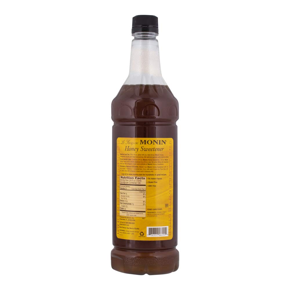 Monin Honey Organic Sweetener tea glass highlighting rich clover notes